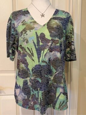 Coldwater Creek Floral V-Neck Short Sleeve Top  Blue/Green Tropical size XL